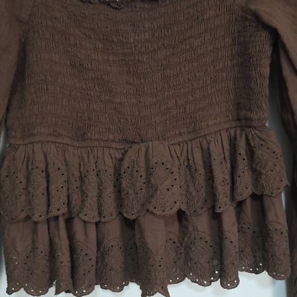 AE Womens Sz M Brown Feminine Square Neck Long-Sleeve Smocked Midriff Tiered Top - Picture 5 of 11